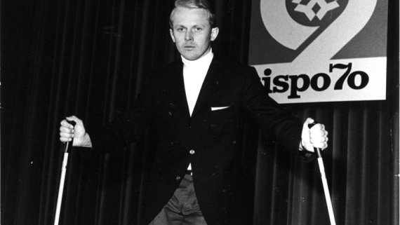 ISPO Munich opens its doors on 8 March 1970. ISPO Munich opens its doors on 8 March 1970. A man wearing a suit is standing on the stage.