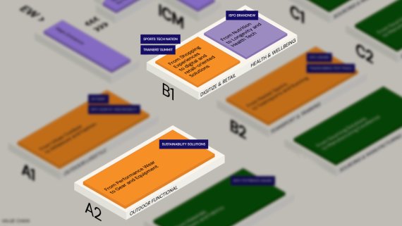 ISPO 2025 Geländeplan mit Fokus auf A2 Outdoor Functional und B1 Digitize & Retail und Health & Wellbeing