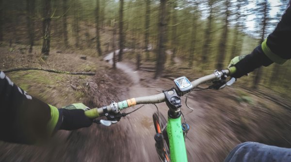 POV: Fahrradfahrer im Wald